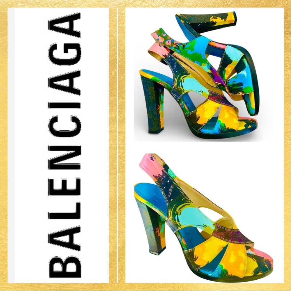 Balenciaga Blue Multicolor Criss Crossed Women's Heeled Sandals 9.5